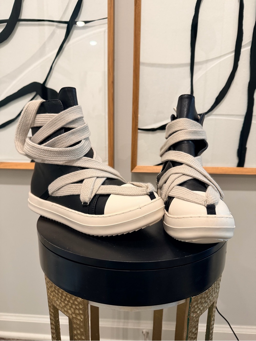 High-Top Lace-Wrap Sneakers in Black & Cream